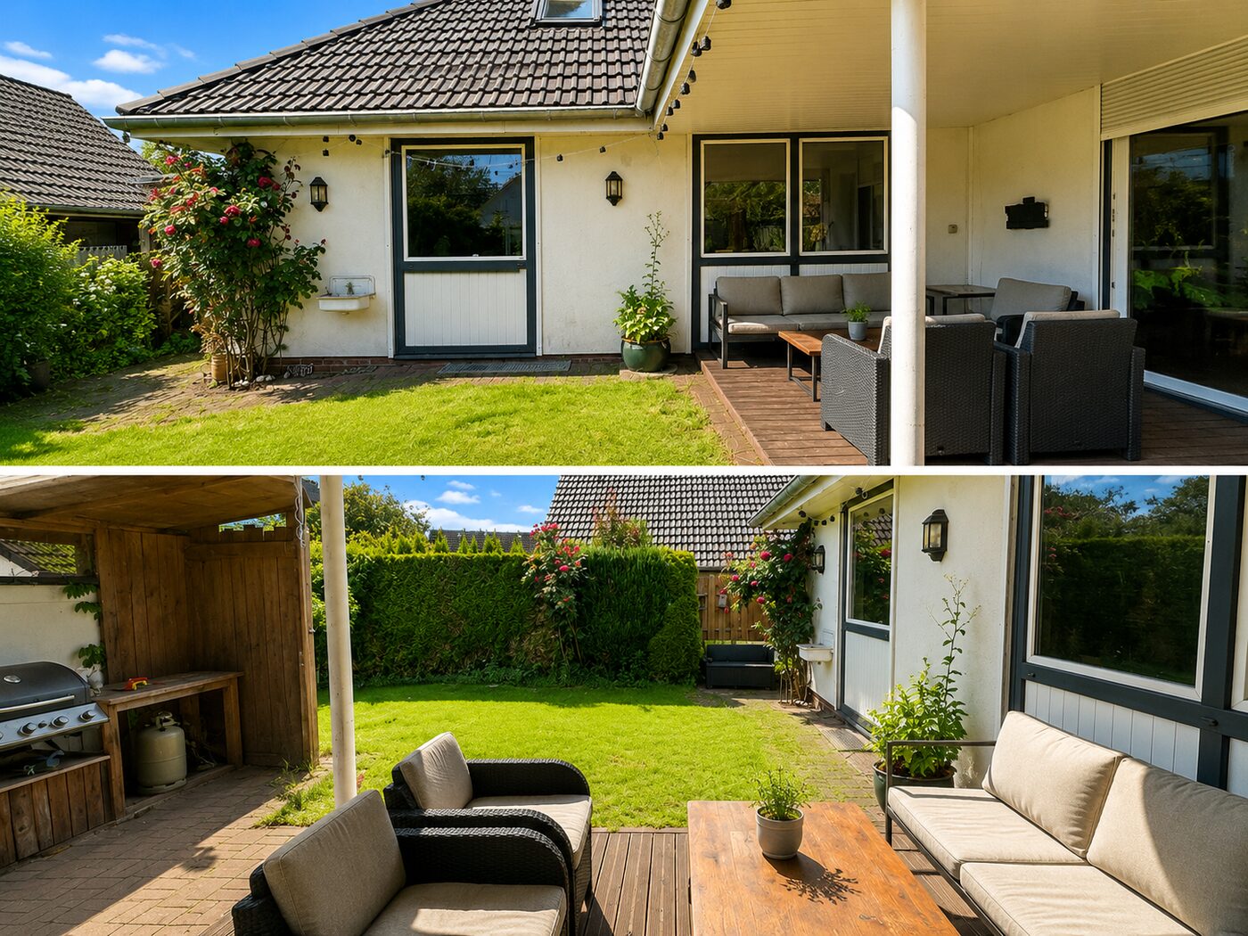 Rückansicht mit Terrasse und Garten